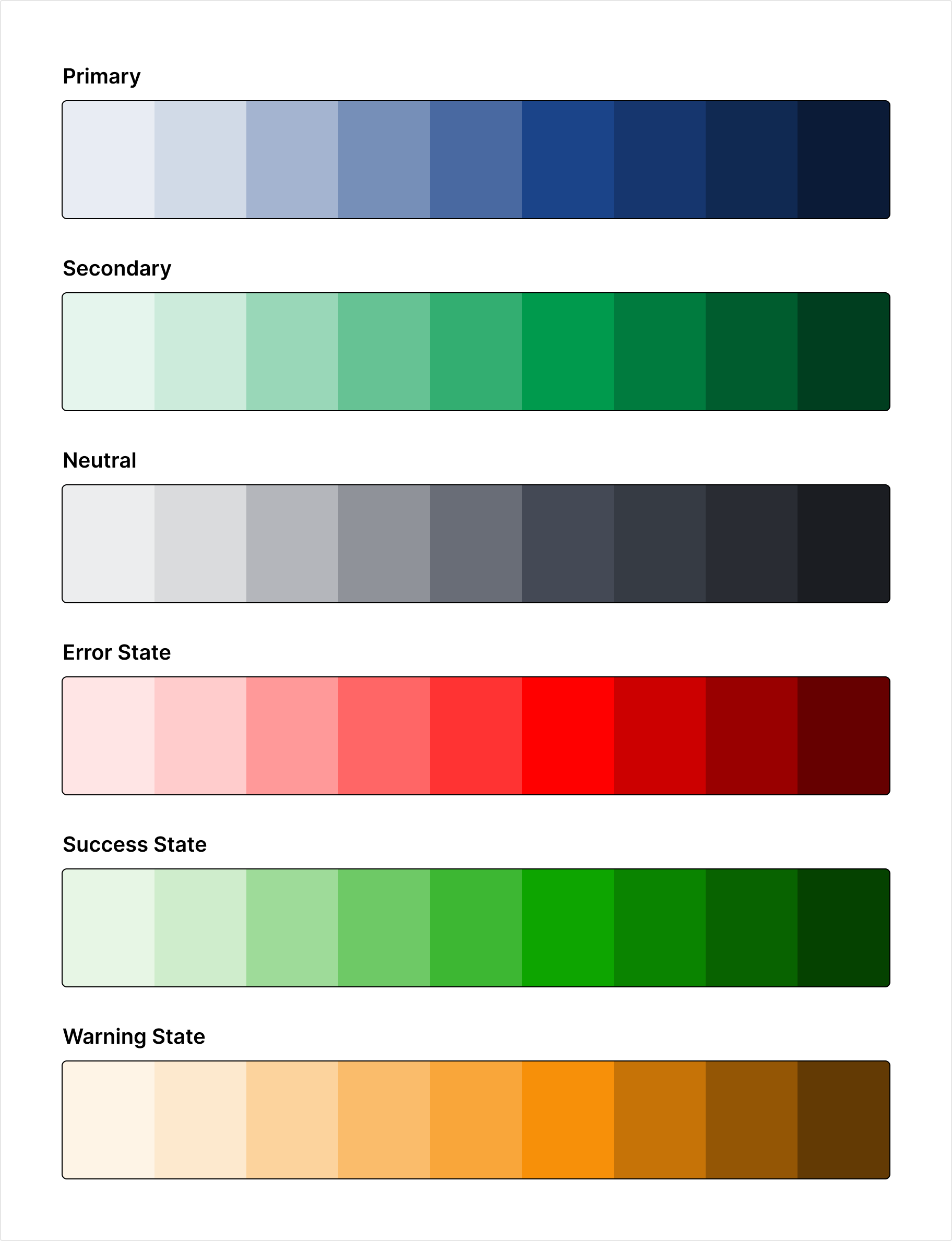 Color system: primary, secondary, neutral, error, success, and warning scales